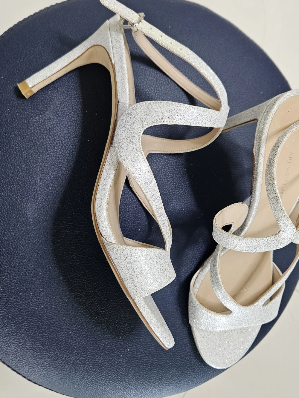 Stuart Weitzman Silver Glitter Strappy Sandals, Size 8